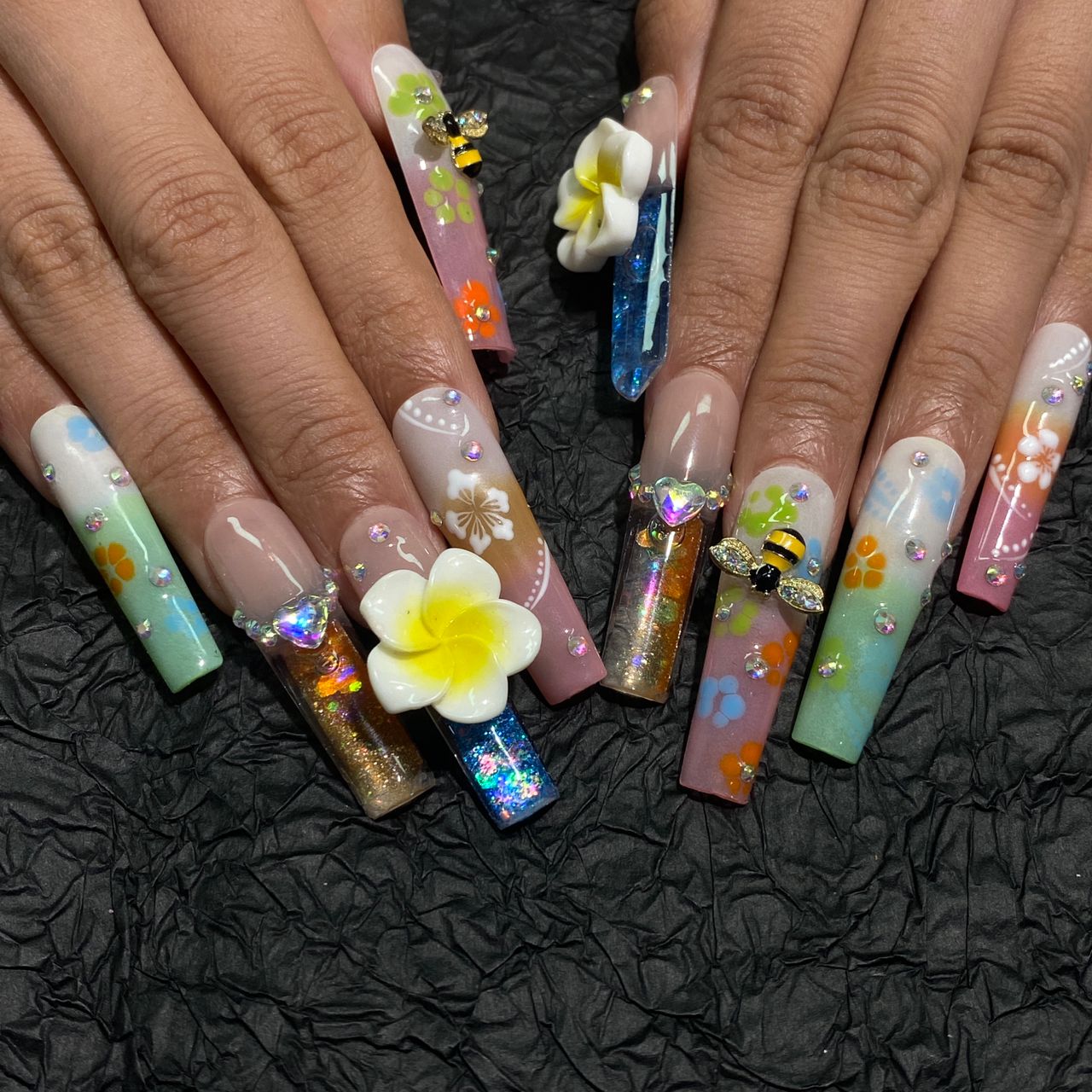 Honey Bloom Long Square – 10pc Press On Nails | Pastel Flowers, Bee Charms & Jelly Glitter