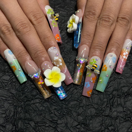 Plumeria Honey Drip Water Nails – 10pc Long Square Water Press On Set | Pastel Florals, Bee Sparkle & Iridescent Glow