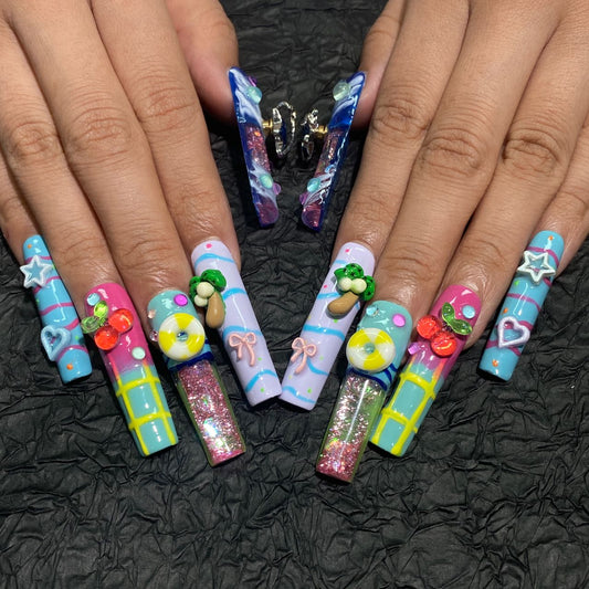 Pool Party Water Nails w/ Fidget Spinner – 10pc Long Square Press On Set | Aquarium Jelly Glitter, Palm Tree, Float Ring & Cherry Charms