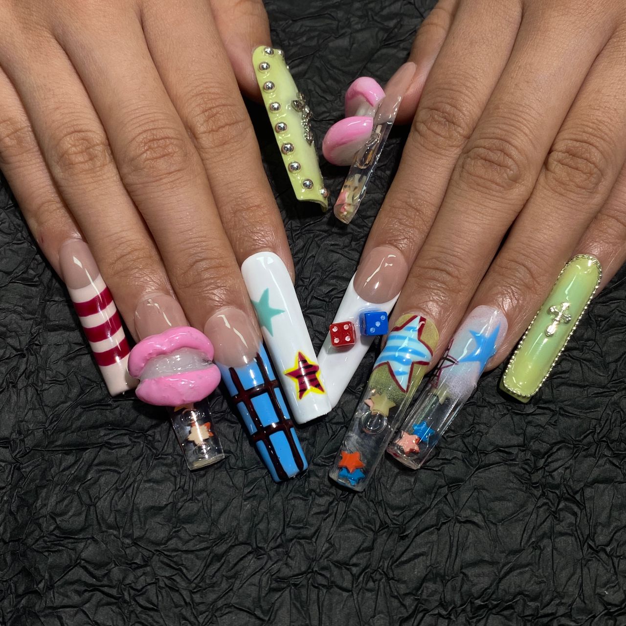 Lip Service -Pop Art Y2K Junk Luxe Press On Nails – Lips, Dice & Stars – 10pc Long Square Set | 3D Charm Bling Nails