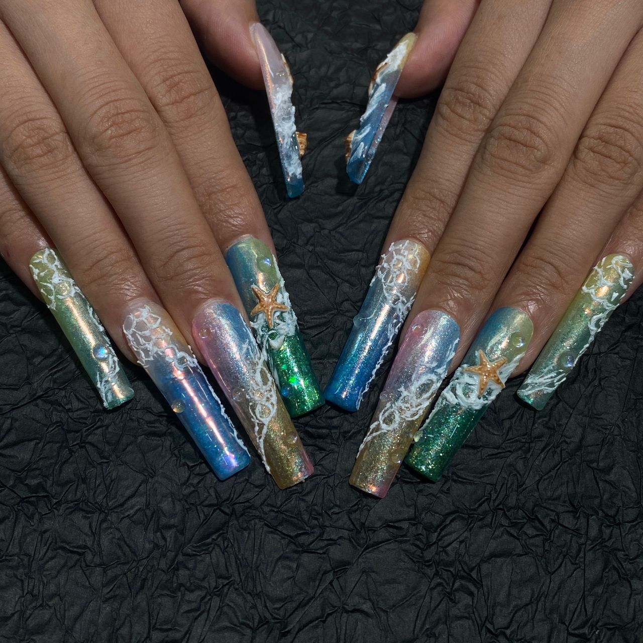 Pastel Tidal Glow Long Square – 10pc Press On Nails | Seafoam Waves, Starfish & Shell Pearls