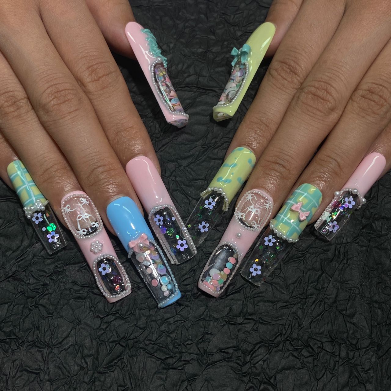 Pastel Confetti Water Nails – 10pc Long Square Press On Set | Aquarium Jelly Windows, Pearls & Bows