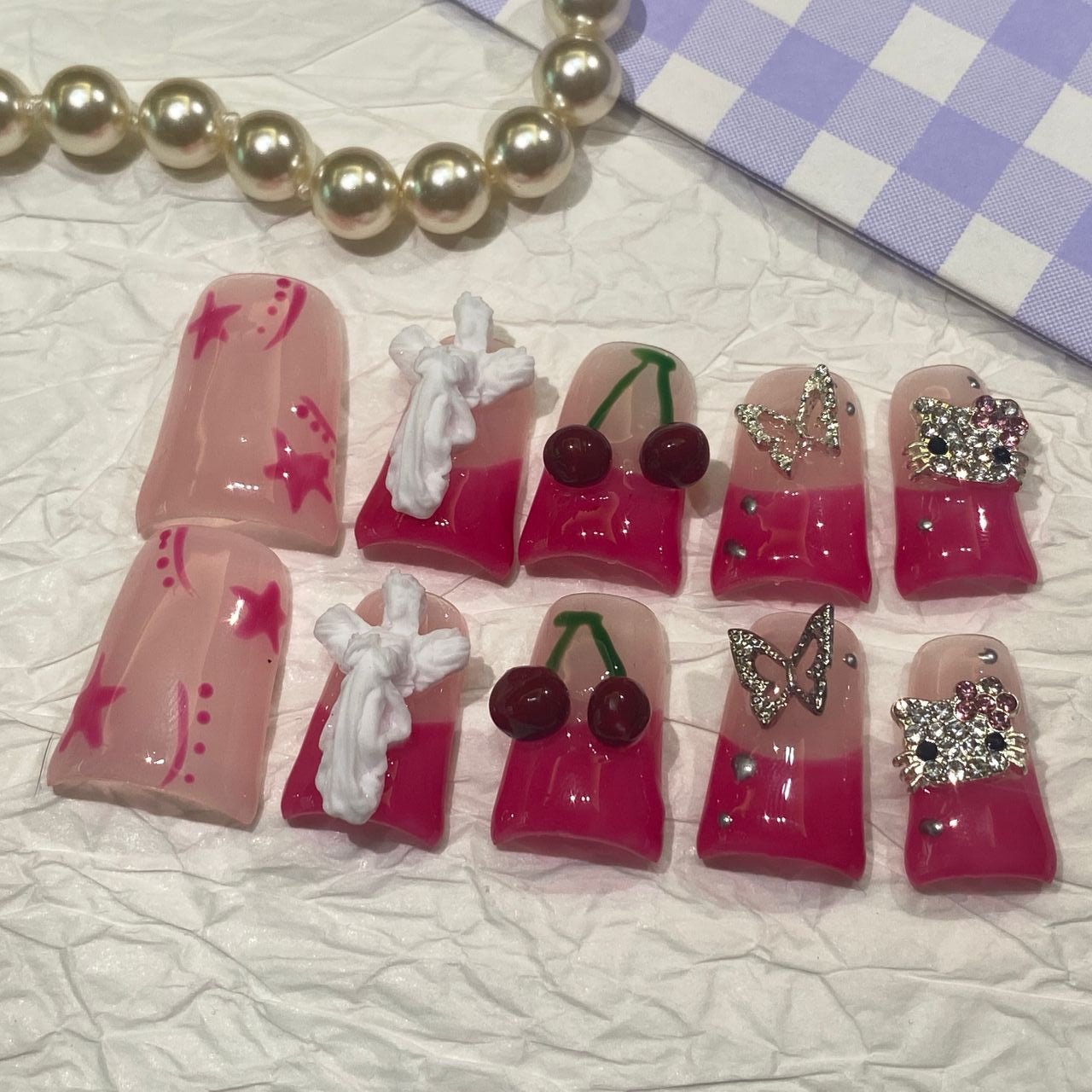Cherry Bow Coquette Duck Nails – 10pc Duck/Flare Press On Set | Hot Pink French, 3D Bows, Cherries & Butterflies