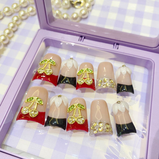 Cherry Noir Duck Nails – 10pc Duck/Flare Press On Set | Red & Black French, Crystal Cherry Charms