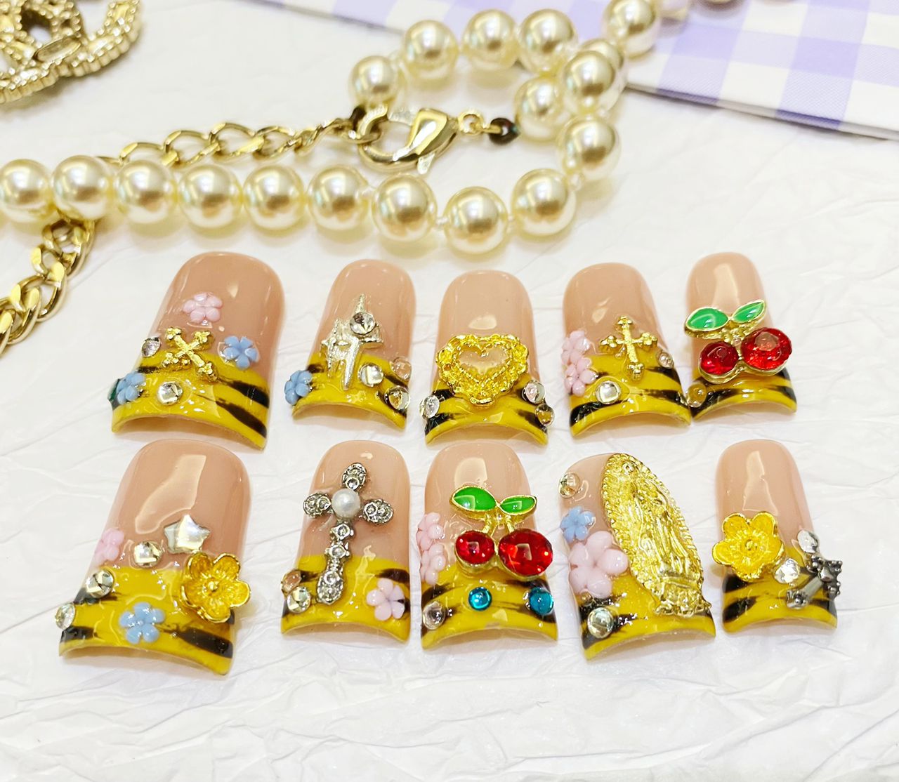 Honey Halo Stripes Duck Nails – 10pc Duck/Flare Press On Set | Yellow Tiger French, Cross & Cherry Charms