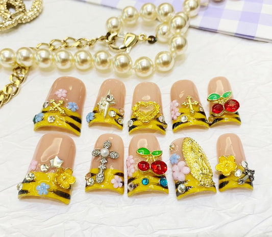 Honey Halo Stripes Duck Nails – 10pc Duck/Flare Press On Set | Yellow Tiger French, Cross & Cherry Charms