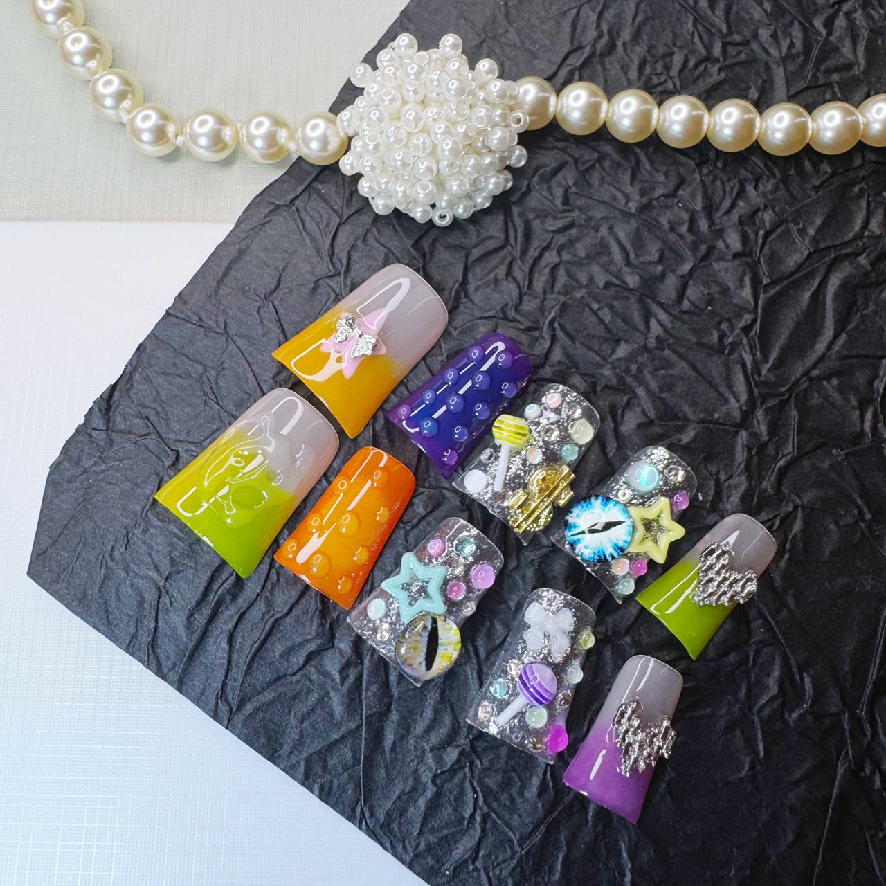 Arcade Candy Drip Duck Nails – 10pc Duck/Flare Press On Set | Rainbow Ombré, Bubble Drops & Charms