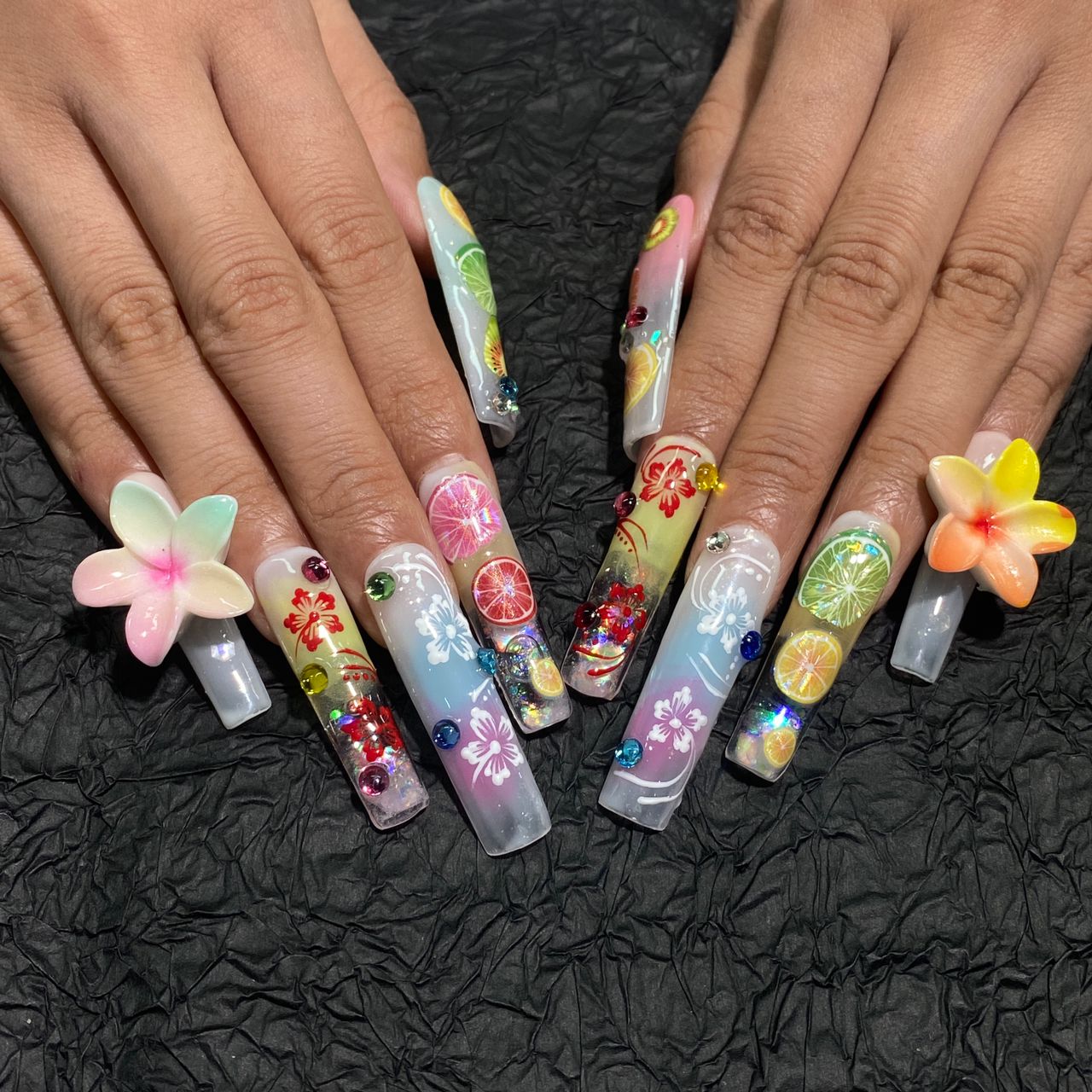 Citrus Splash Long Square – 10pc Press On Nails | Fruit Decals, Hibiscus Art & Jelly Sparkle