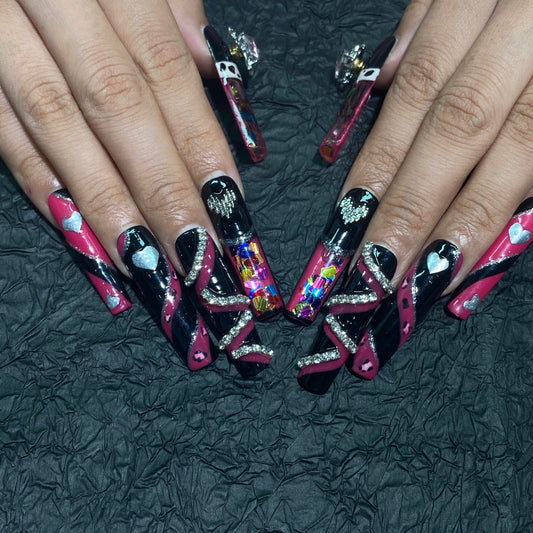 XL Black & Hot Pink Press On Nails – 10pc Long Square | Rhinestone Swirl, Silver Hearts, Holo Foil