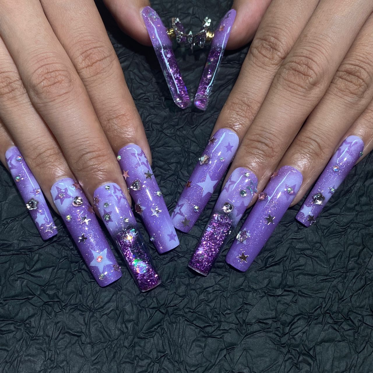 Purple Galaxy Water Nails + Fidget Spinners –  Press On Nails 10pc Long Square | Aquarium Jelly, Star Glitter, 3D Spinner Charm