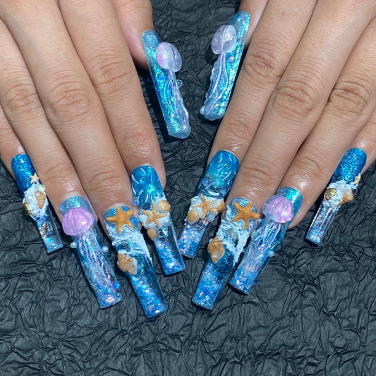 Water Nails – Ocean Press On Nails 10pc Long Square | Blue Aquarium Jelly, 3D Jellyfish, Starfish & Seashell Charms