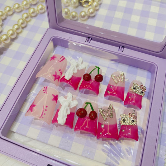 Bubblegum Baddie Duck Nails – 10pc Duck/Flare Press On Set | Hot Pink Panels, 3D Bows, Cherries & Butterflies