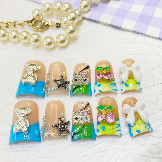 Tutti Frutti Duck Nails – 10pc Duck/Flare Press On Set | Blue & Lime Jelly, Teddy Bear, Stars & Bow Charms