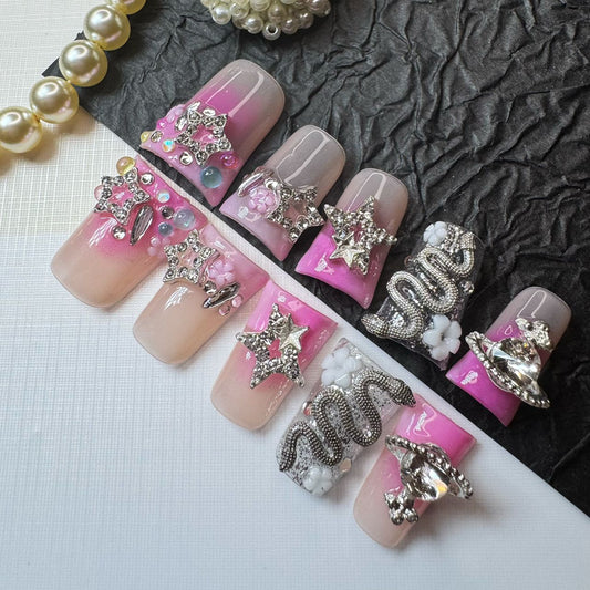 Duck Nails – Pink Nude Flare Press On Nails 10pc | Rhinestone Stars, Snake & Planet Charms | 3D Flowers, Jelly Beads