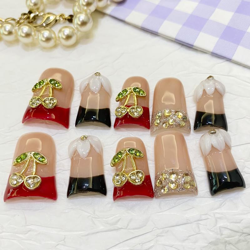 Cherry Bomb Duck Nails – 10pc Duck/Flare Press On Set | Red & Black French Blocks, 3D Petals + Crystal Cherry Charms
