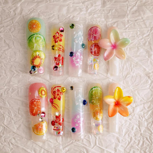 Citrus Splash Long Square – 10pc Press On Nails | Fruit Decals, Hibiscus Art & Jelly Sparkle