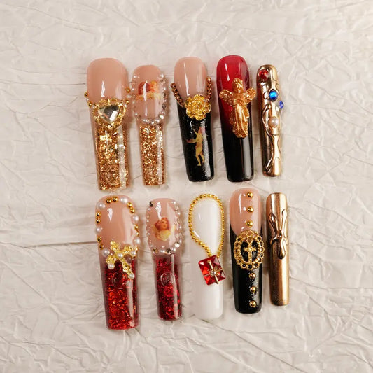 Baroque Relic XL Water Nails – 10pc Long Coffin Press On Nails | Black, White & Red with Gold Cameos, Crosses & Pearls