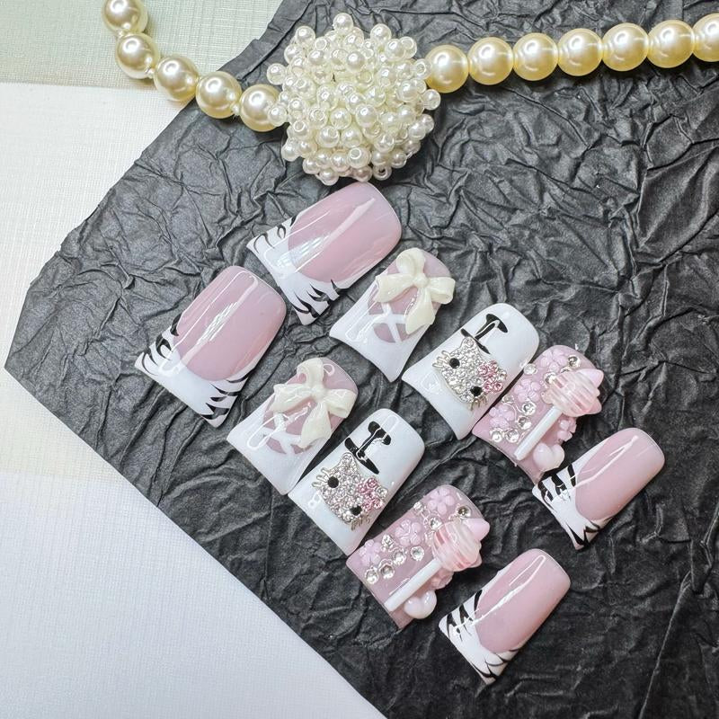 Zebra Coquette Duck Nails – 10pc Duck/Flare Press On Set | Pink French Blocks, 3D Bows, Crystal Cat & Lollipop Charms