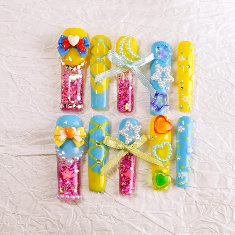 Lemonade Sky Long Square – 10pc Press On Nails | Blue & Yellow Jelly, Bows, Pearls, Hearts & Stars