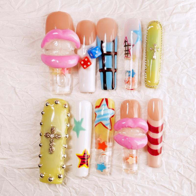 Lip Service -Pop Art Y2K Junk Luxe Press On Nails – Lips, Dice & Stars – 10pc Long Square Set | 3D Charm Bling Nails