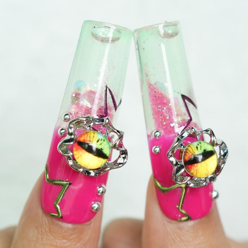 Tropical Thunda Water Nails – Neon Pink & Lime Press On Nails 10pc Long Square | Chrome Flames, Glitter Jelly, 3D Charms