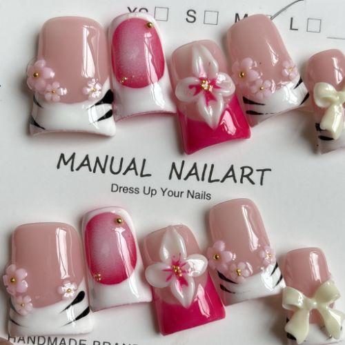Coquette Blossom Duck Nails – 10pc Duck/Flare Press On Set | Pink French, 3D Flowers & Bows