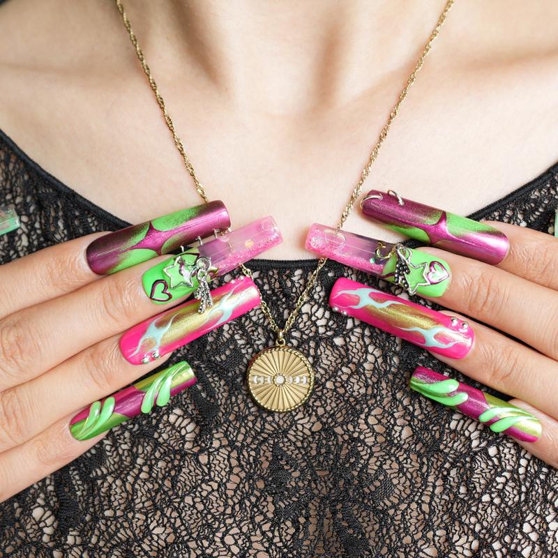 Tropical Thunda XL – 10pc Long Square Press On Nails | Neon Chrome Flames, Jelly Windows & Dangle Charms