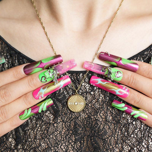 Tropical Thunda XL – 10pc Long Square Press On Nails | Neon Chrome Flames, Jelly Windows & Dangle Charms