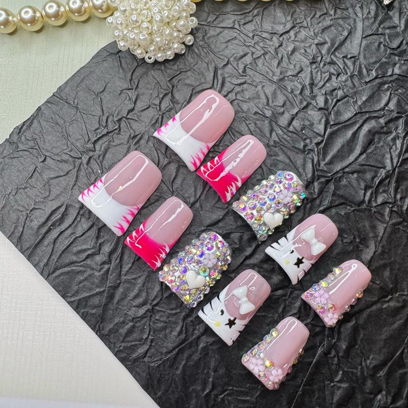 Flame Kiss Coquette Duck Nails – 10pc Duck/Flare Press On Set | Hot Pink Flame French, Crystal Pavé, Bows & Hearts