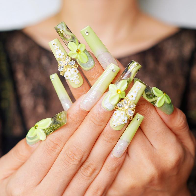 Lime on Your Dime – Lime Green Press On Nails 10pc Long Square | 3D Flower, Butterfly & Pearl Glitter | Luxury Reusable Set