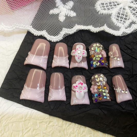 Blush Blossom Pavé Duck Nails – 10pc Duck/Flare Press On Set | Nude Pink Wrap French, 3D Flowers & Crystal Pavé