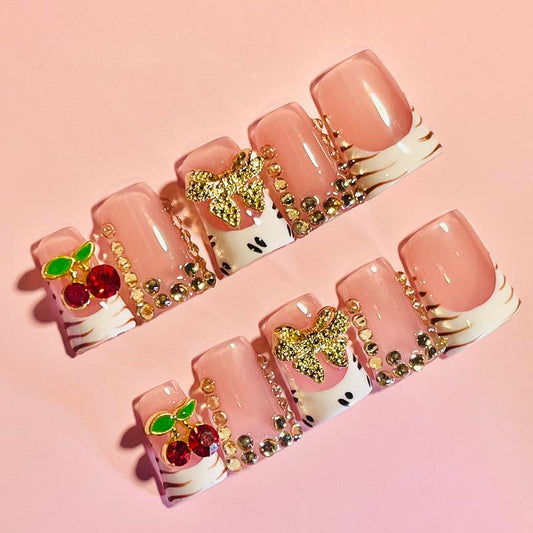 Cherry Bow Coquette Duck Nails – 10pc Duck/Flare Press On Set | Pink French, Zebra Tips, Gold Crystal Bands
