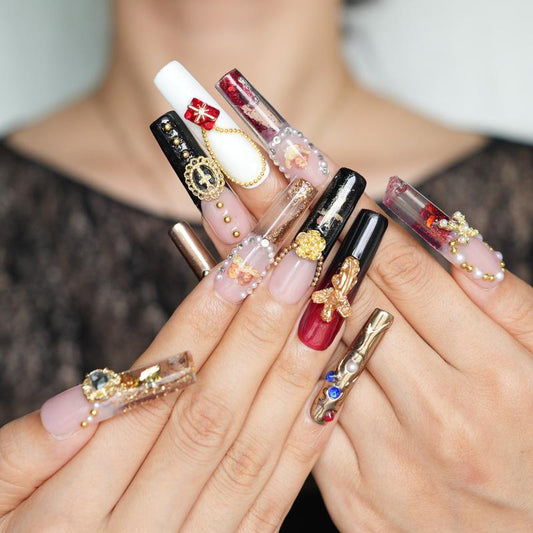 Baroque Relic XL Water Nails – 10pc Long Coffin Press On Nails | Black, White & Red with Gold Cameos, Crosses & Pearls