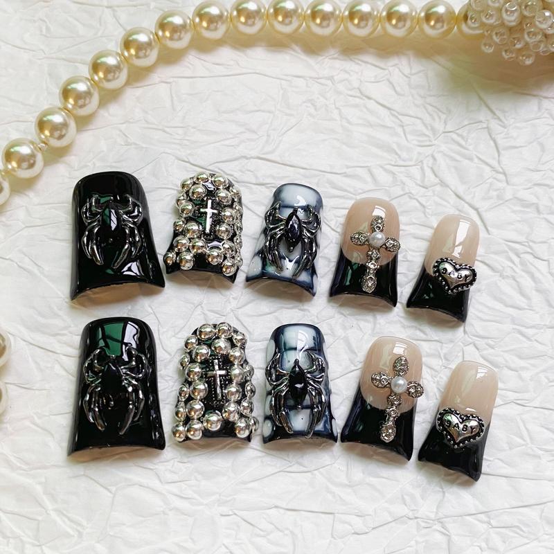 Gothic Chrome Duck Nails – 10pc Duck/Flare Press On Set | Black Marble, Chrome Beetle, Cross & Heart Charms