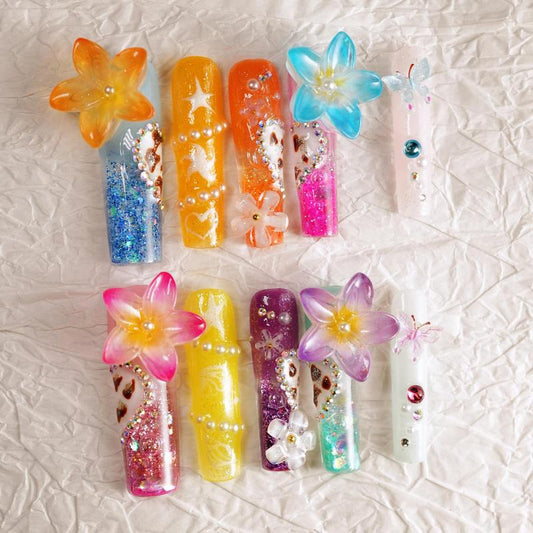 Aloha Bloom Water Nails – 10pc Press On Nails | Jelly Glow, XL Plumeria Flowers, Pearls & Glitter