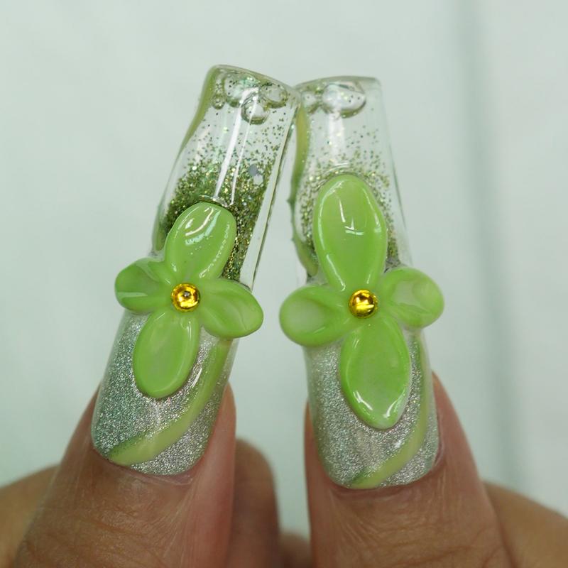 Lime on Your Dime – Lime Green Press On Nails 10pc Long Square | 3D Flower, Butterfly & Pearl Glitter | Luxury Reusable Set
