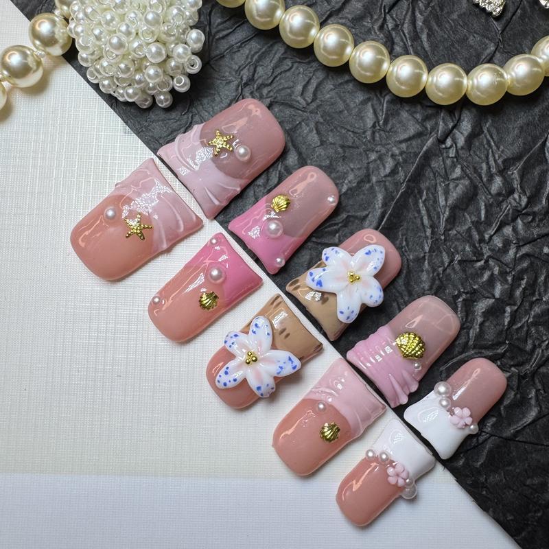 Seashell Coquette Duck Nails – 10pc Duck/Flare Press On Set | Nude & Pink Wrap French, Pearls, Starfish & Shell Charms