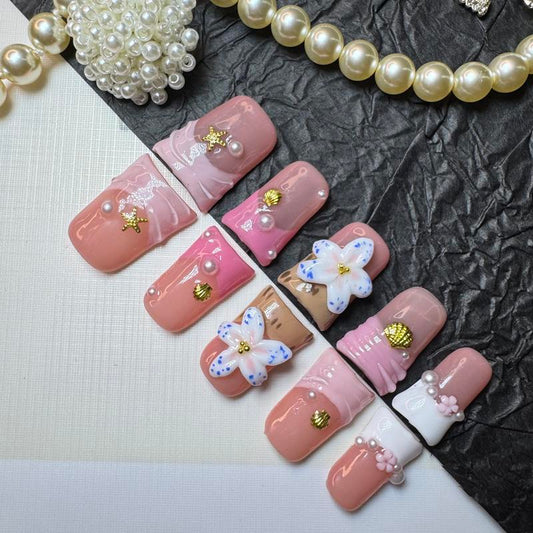 Seashell Coquette Duck Nails – 10pc Duck/Flare Press On Set | Nude & Pink Wrap French, Pearls, Starfish & Shell Charms