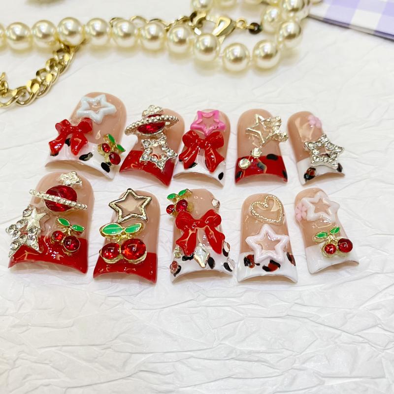 Cherry Rodeo Duck Nails – 10pc Duck/Flare Press On Set | Red & White French, Crystal Cherries, Bows & Star Charms