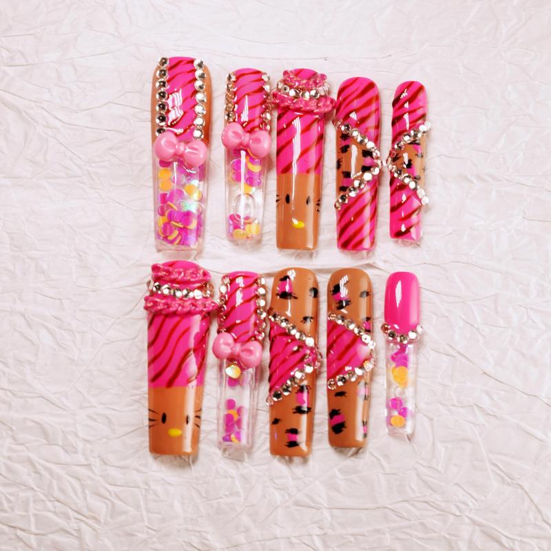 Zebra Barbie Bling Long Square – 10pc Press On Nails | Hot Pink Zebra, Crystal Bands & 3D Bows