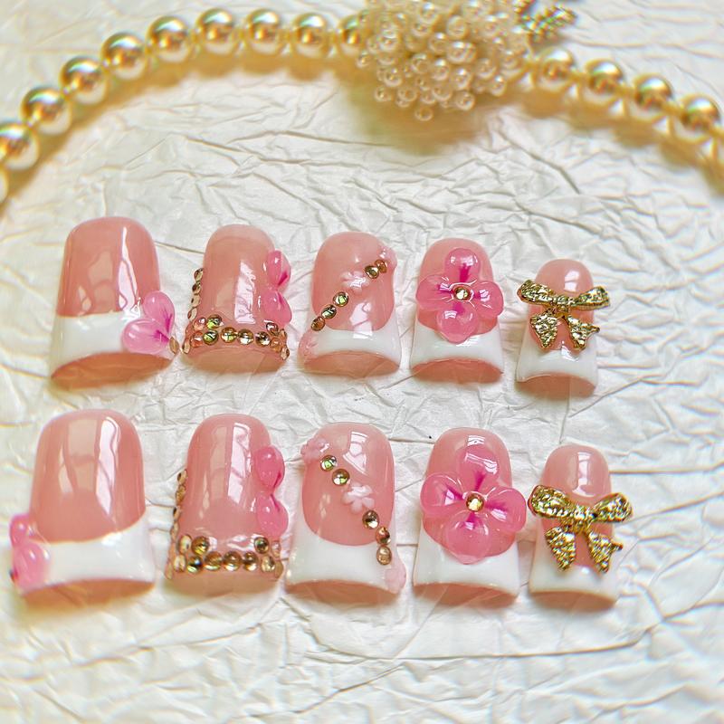 Petal Chain Coquette Duck Nails – 10pc Duck/Flare Press On Set | Pink & White French, 3D Flowers & Gold Crystal Chain