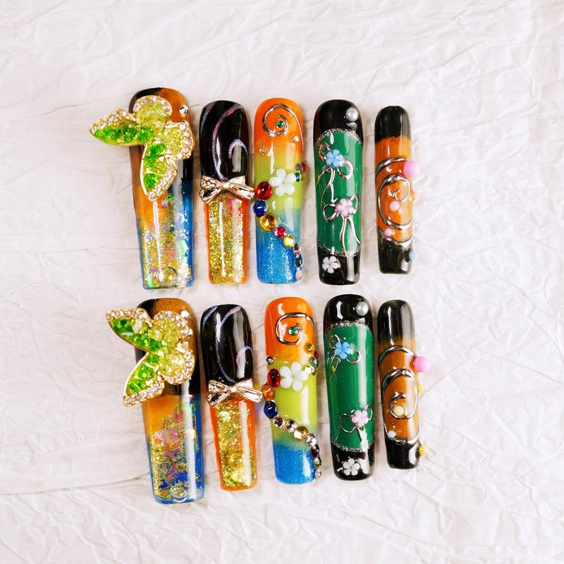 Neon Mirage Water Nail, Fidget Spinner – 10pc Press On Nails | Gradient Glow, Green Butterfly Charm, Glitter & Florals